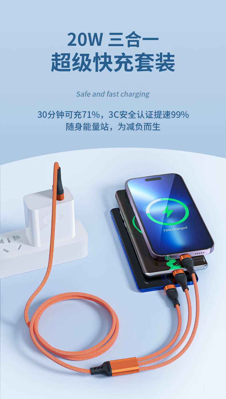 欧克士（OKSJ） 充电头三合一快充线 套装 20W+1.2米线 (单位:套) 白色+橙色